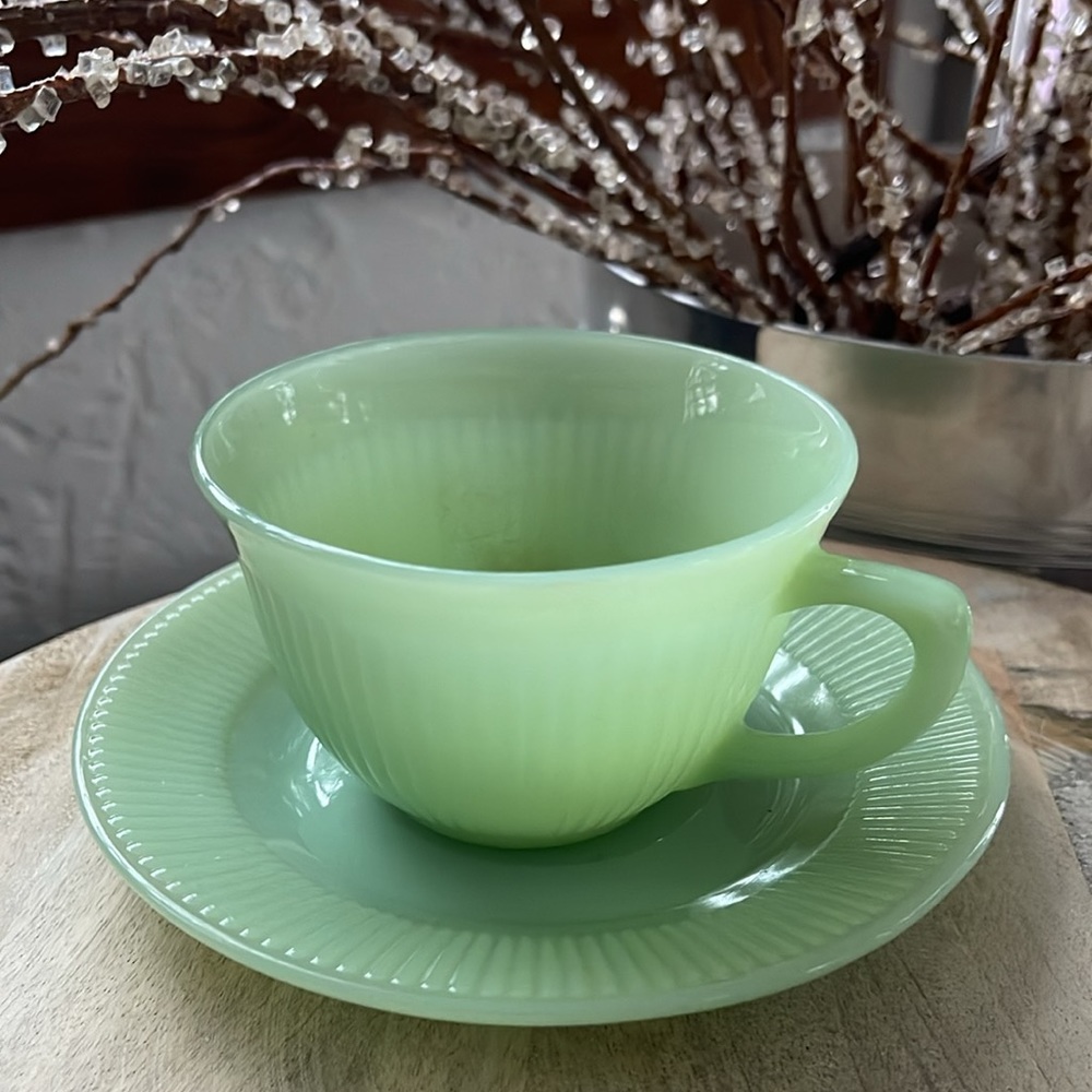 Vintage Fire King Jadeite Jane Ray Starburst Cup & Saucer